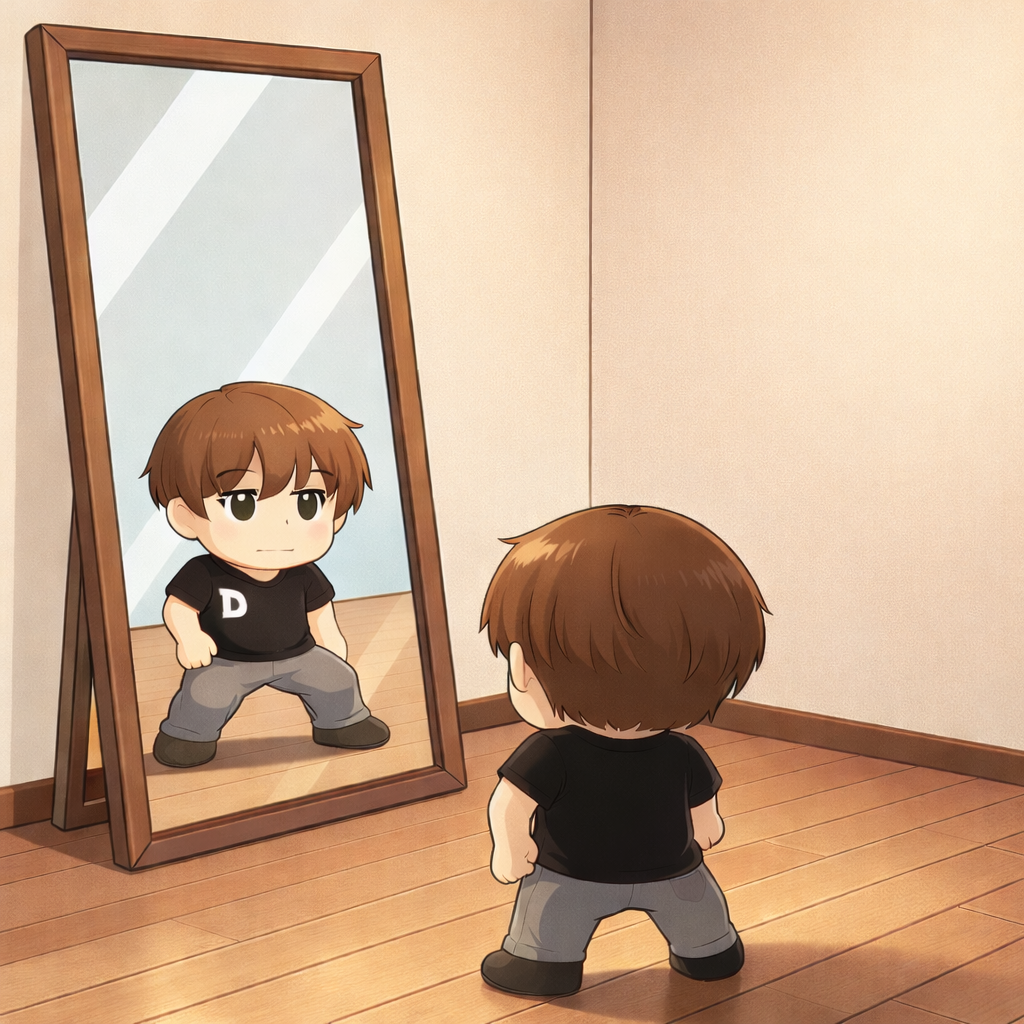 鏡を見て練習する様子。横からのフォームは写っていないイメージ