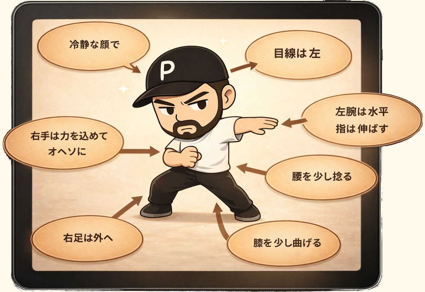 鏡の前でフォームを確認。姿勢のポイントを示した図