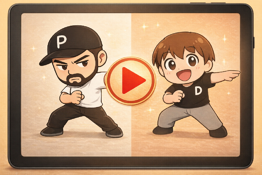 お手本と自分の動画を左右に並べて同時再生しているアプリ画面