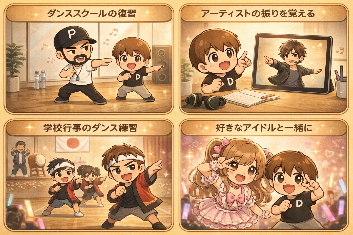 利用シーン例：スクール復習、振り覚え、学校行事の練習、好きなアイドルと一緒に